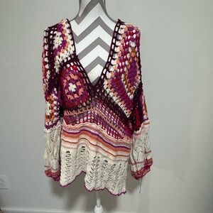 Free People Colorful Crochet V-Neck Blouse